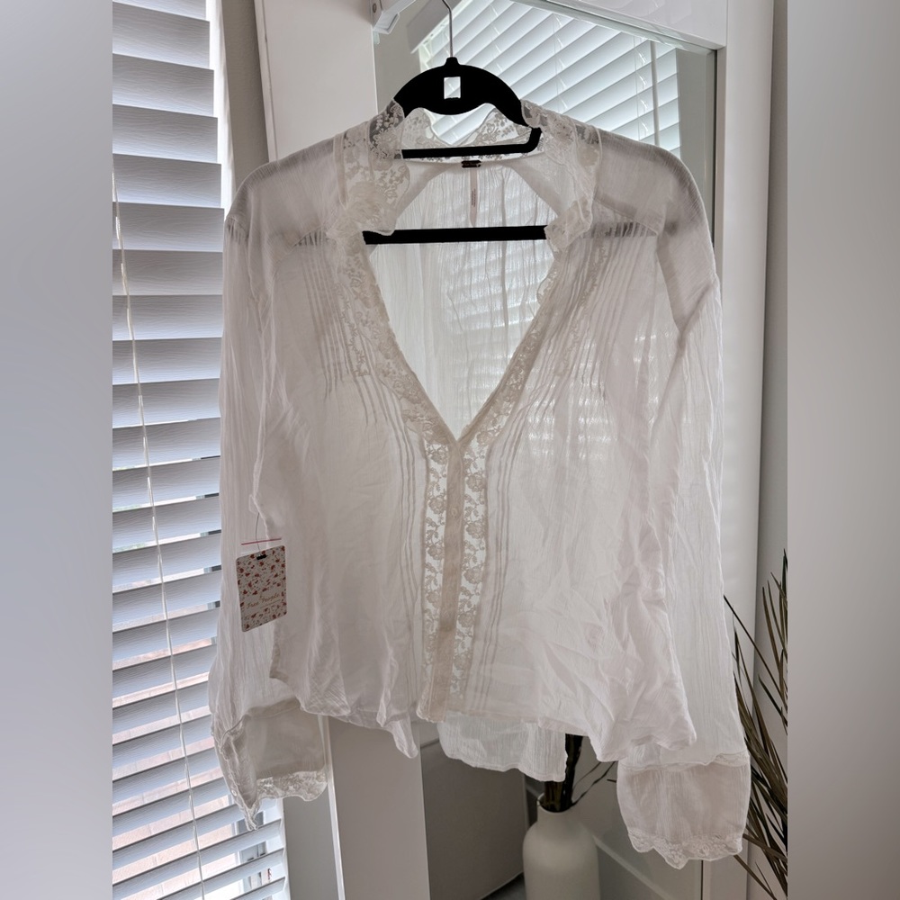 Free People White Sheer Lace-Trim Blouse